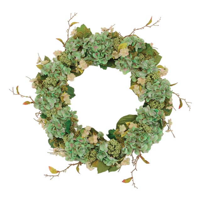 Hydrangea and Seedum Floral Wreath 32"D For Sale