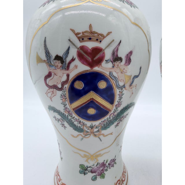 Ceramic Antique Chinese Export Armorial Famille Rose Porcelain Urns, Qianlong Period, Circa 1790–1810, Pair For Sale - Image 7 of 18