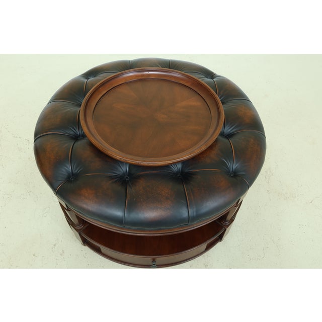 Large Round Tufted Leather Ottoman Coffee Table | Chairish