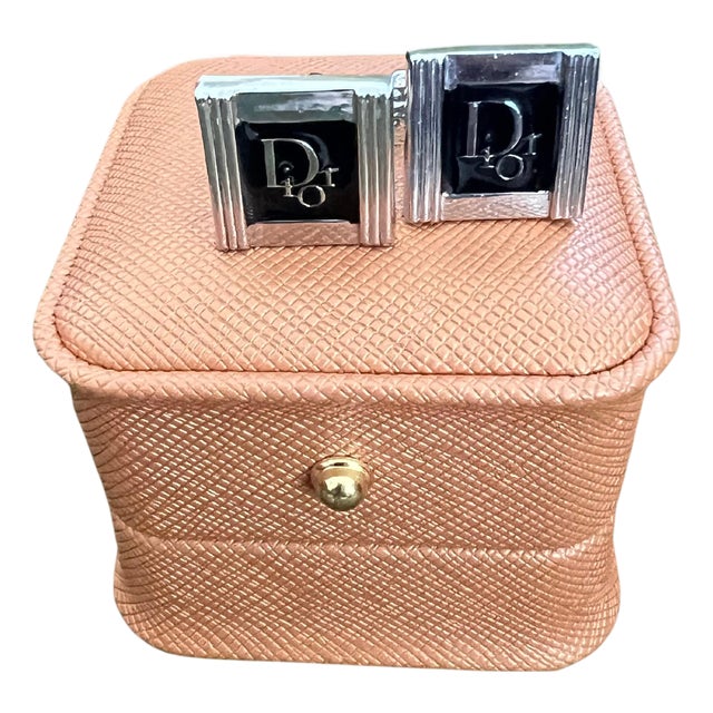 Vintage Christian Dior Silver Plated Logo Cufflinks Circa 1970 In Bochic Case For Sale