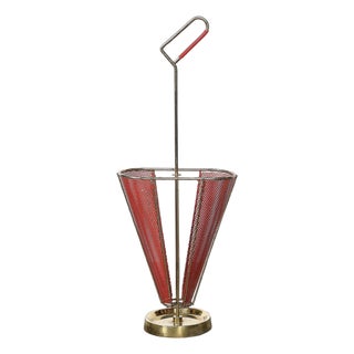 Mid-Century Modernist Sculptural Brass & Carnelian Red Enamel Umbrella Stand For Sale