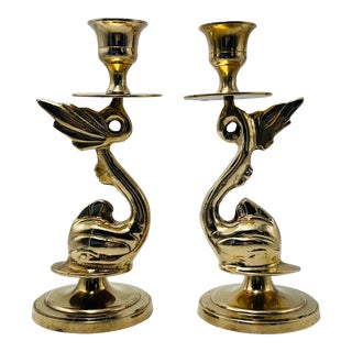 Vintage Brass Dolphin/Koi Candlesticks - a Pair For Sale