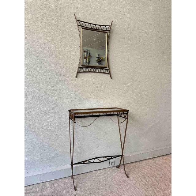 Italian Sculptural Brass, Iron and Glass Mirror and Console, 1950s, Set of 2 For Sale - Image 4 of 18