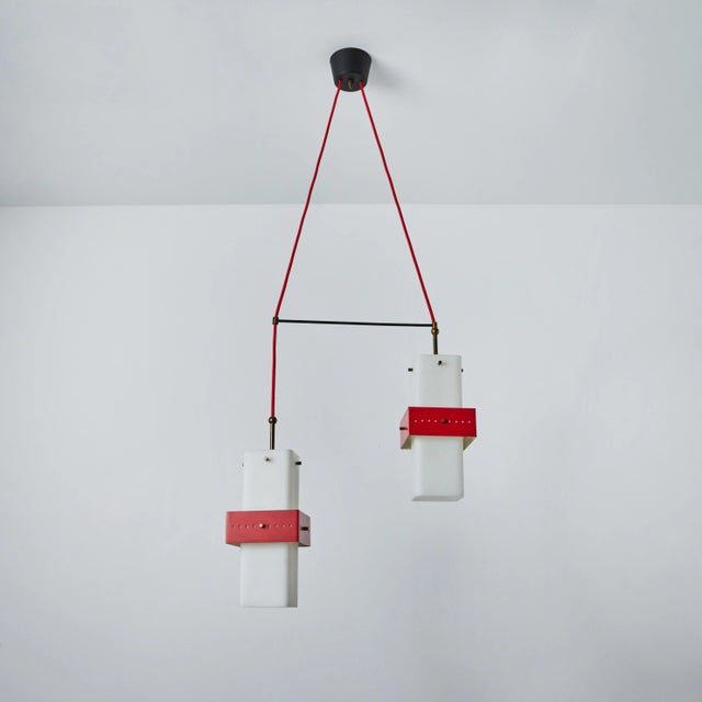 1950s Stilnovo Red Metal & Opaline Glass Suspension Lamp, Unmarked For Sale - Image 13 of 13