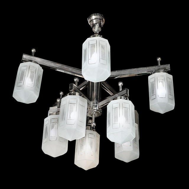 Art Deco Style 10 Arm Frosted & Etched Glass Chandelier W/ Polished Nickel Frame For Sale - Image 9 of 18