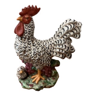 Vintage Authentic Italian Hand-Painted Ceramic Rooster and Tiny Hen Sculpture For Sale