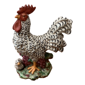 Vintage Authentic Italian Hand-Painted Ceramic Rooster and Tiny Hen Sculpture