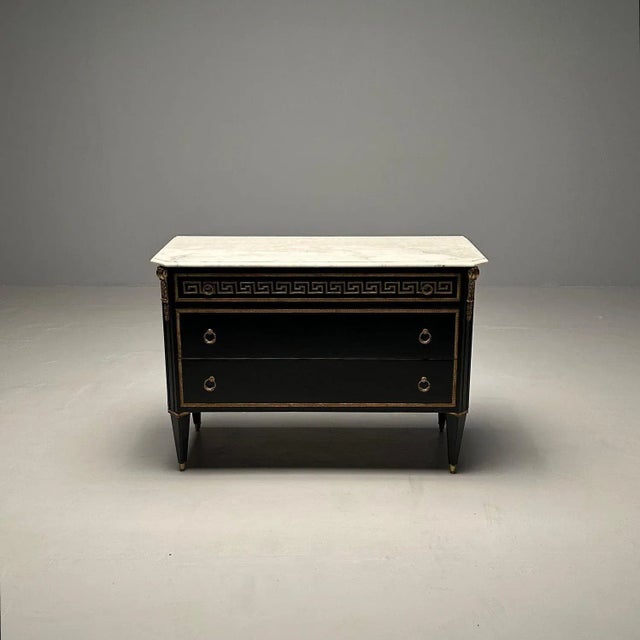 Black Hollywood Regency Ebonized Cabinet / Commode, Greek Key Motif, Bronze Mounted For Sale - Image 8 of 12