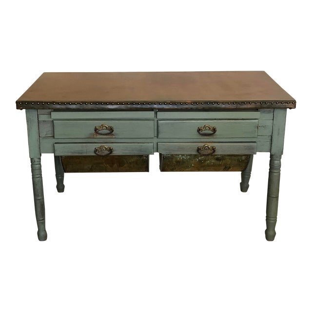 Antique Possum Belly Bakers Table, Acid Washed Copper With Nail Head