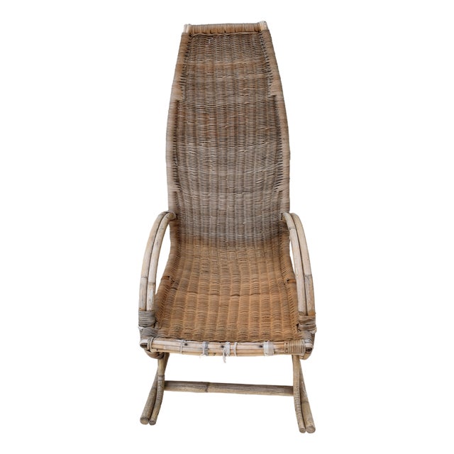 Vintage MCM French Style Rattan Bamboo Wicker Back Rocker For Sale