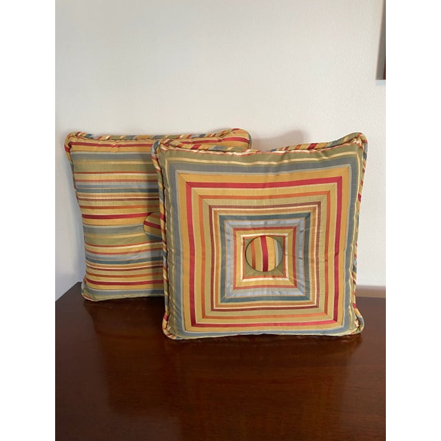 Contemporary Vintage Colorful Striped Taffeta Square Throw Pillows, a Set of 2 For Sale - Image 3 of 5