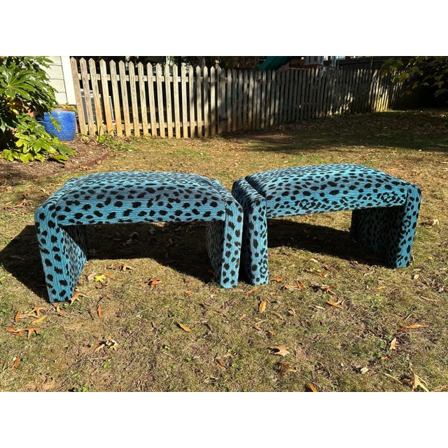 1980s Vintage Leopard Waterfall Stools Reupholstered With Blue Leopard by Lillian August for Hickory White Fabric - Set of 2 For Sale - Image 9 of 12