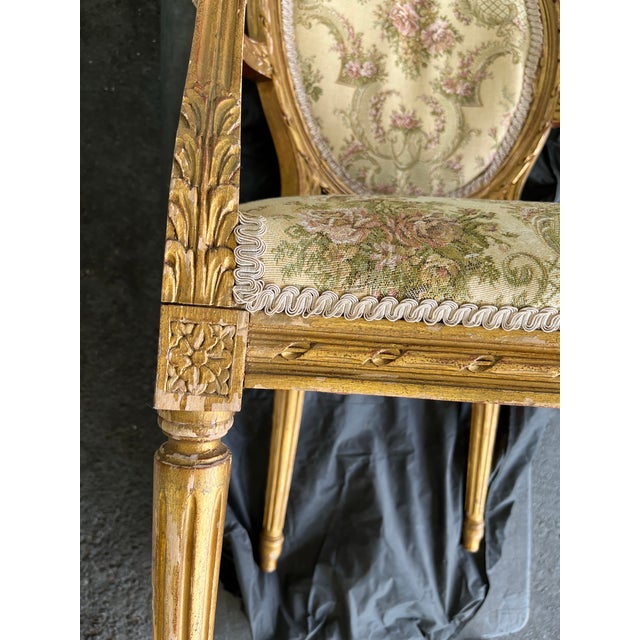 Wood Pair of Elegant Antique Gilded Louis XVI Style Chairs. Some Restoration Required For Sale - Image 7 of 12