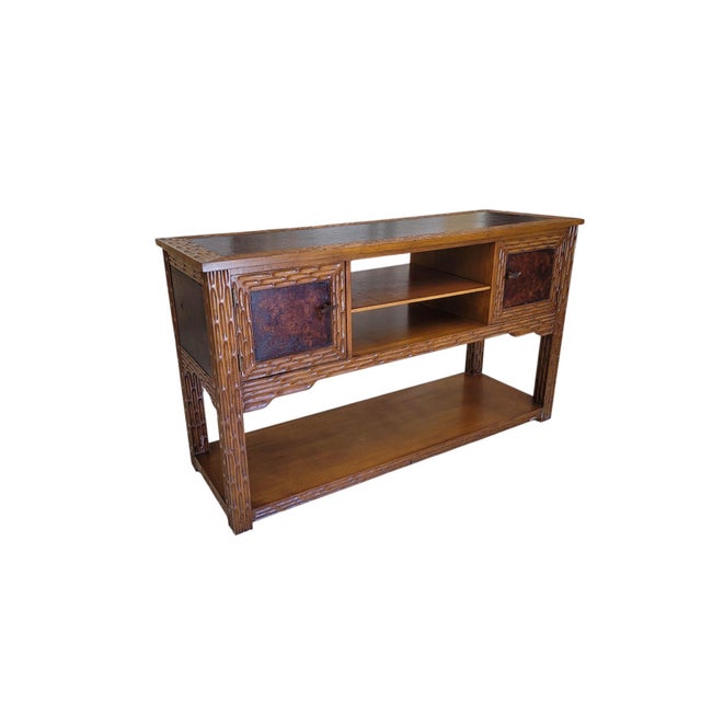 Spanish Revival 1980s Spanish Revival Hand-Gouged Wood Media Console Credenza With Shelf For Sale - Image 3 of 11