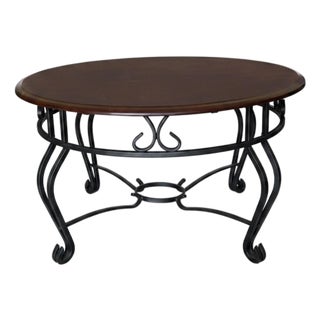Vintage Round Wood & Black Iron Scrollwork Coffee Table For Sale