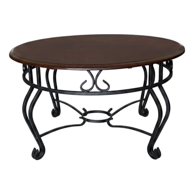 Vintage Round Wood & Black Iron Scrollwork Coffee Table For Sale