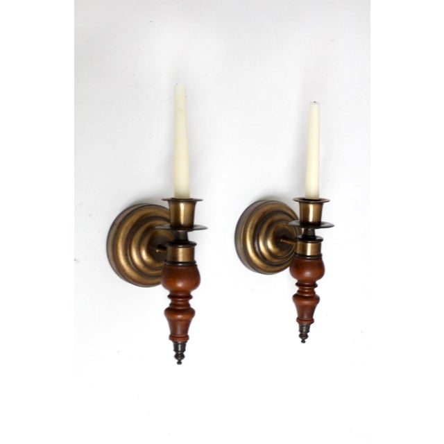 Mid 20th Century Vintage Colonial Revival Wood Candle Wall Sconces Pair For Sale - Image 5 of 12