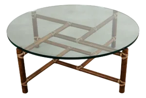 McGuire Round Oak Leather Glass Top Cocktail Table