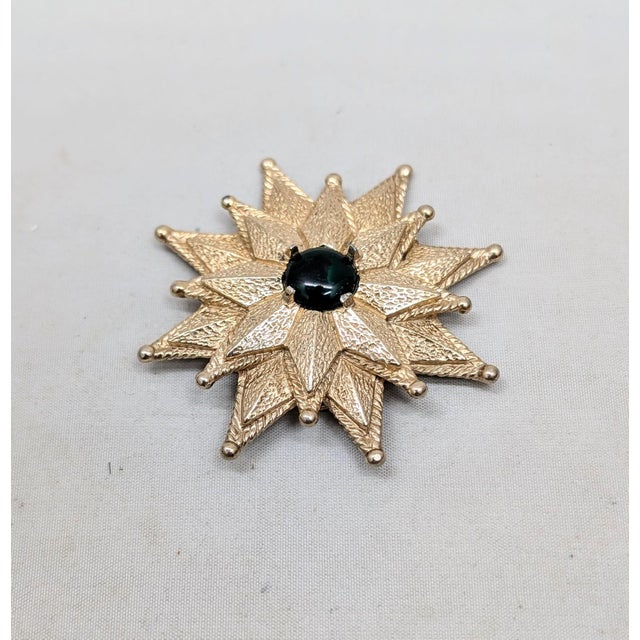 Mid-Century Modern Vintage 1960s Signed Castlecliff Goldtone Cabochon Faux-Emerald Brooch & Pendant For Sale - Image 3 of 6