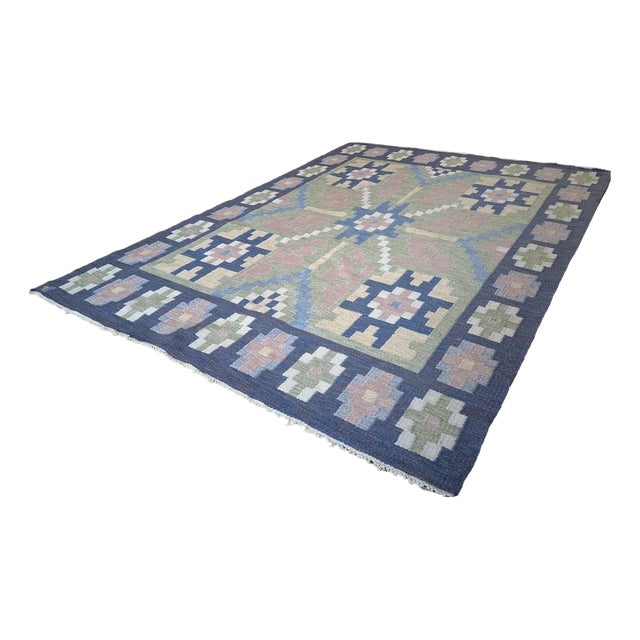 Mid-Century Swedish Wool Flatweave Rug with Geometric Design For Sale