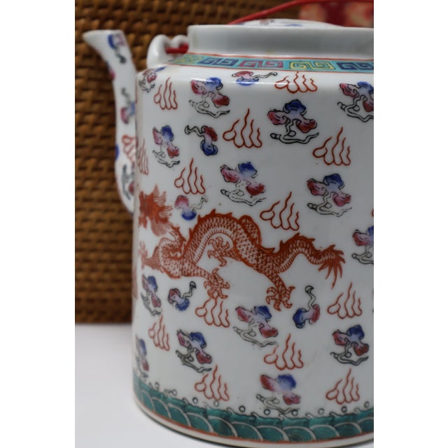 Early 20th Century Antique Chinese Dragon & Phoenix Porcelain Teapot With Fitted Warming Basket For Sale - Image 5 of 18