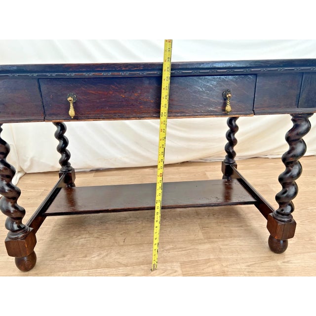Antique Barley-Twist Tiger Oak Library Desk Writing Table Jacobean Revival Shelf For Sale - Image 10 of 13