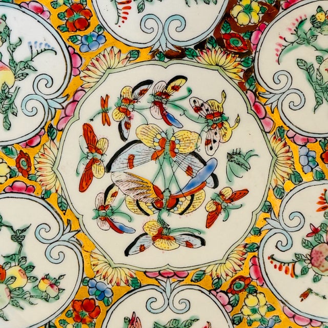 Mid 20th Century Famille Rose Canton Porcelain Plate With Lotus Medallions & Butterflies For Sale - Image 4 of 5