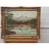 Mountain Lake Forest Landscape Scene - Vintage Art 20th Century Oil Painting by J Bishop. Art measures 17 x 14 inches...