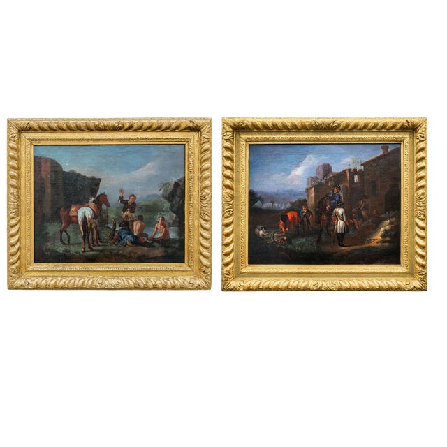 Philips Wouwerman, Knights in Front of a Coaching Inn and Knights and Bathers at a Stream, 1600s, Oil on Canvases, Set of 2 For Sale - Image 15 of 15