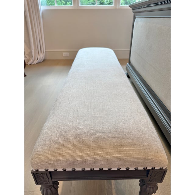French Restoration Hardware Maison End of Bed Bench - Antiqued Graphite With Sand Belgian Linen For Sale - Image 3 of 10