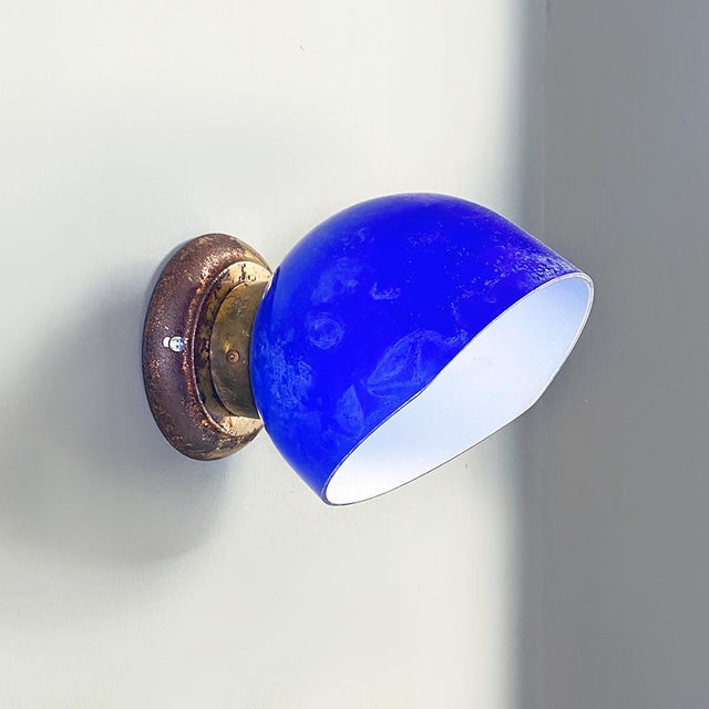 Metal Italian Blue and White Glass & Sheet Metal Wall Light, 1930s, Set of 3 For Sale - Image 7 of 15