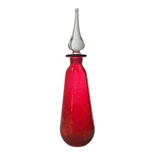 Blenko Rainbow Cranberry Flash Grackle Glass Decanter With Crystal Stopper, 9.75" For Sale