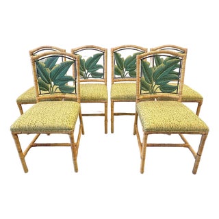 Vintage McGuire Style Rattan Wrapped Dining Chairs With Banana Leaf Back Detail- Set of 6 For Sale