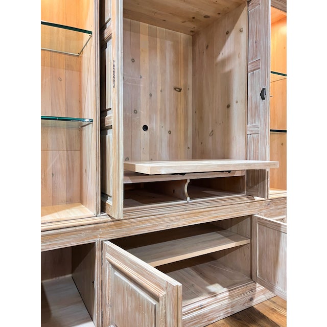 Linen Monumental William Switzer Hand-Carved Bleached Pine Neoclassical Entertainment Armoire For Sale - Image 8 of 12