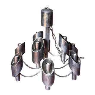 1960s Italian Brutalist Marcello Fantoni Iron Mid Century Chandelier For Sale