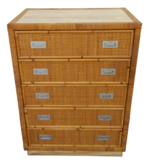 Bamboo Caned Hollywood Regency Tall Chest of Drawers 5868
