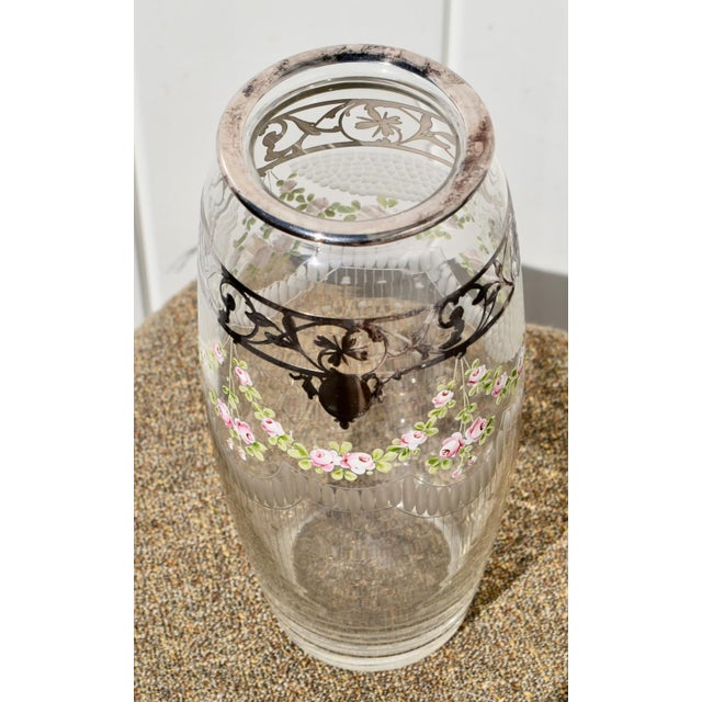 Traditional Antique Bohemian Etched Glass Vase W/Floral Enamel and Sterling Silver Overlay For Sale - Image 3 of 13