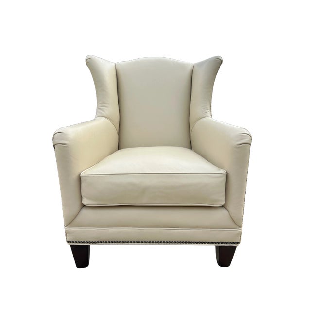 Vintage Henredon Acquisitions Collection Leather Wingback Chairs – Ivory Leather, Geometric Upholstery & Nailhead Trim...