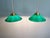 Pair of art deco style conical green opaline glass pendant lights with brass mounts. shades signed "emelite". each pendant...