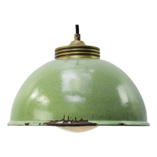 Vintage Pendant Light in Brass, Enamel, and Frosted Glass For Sale