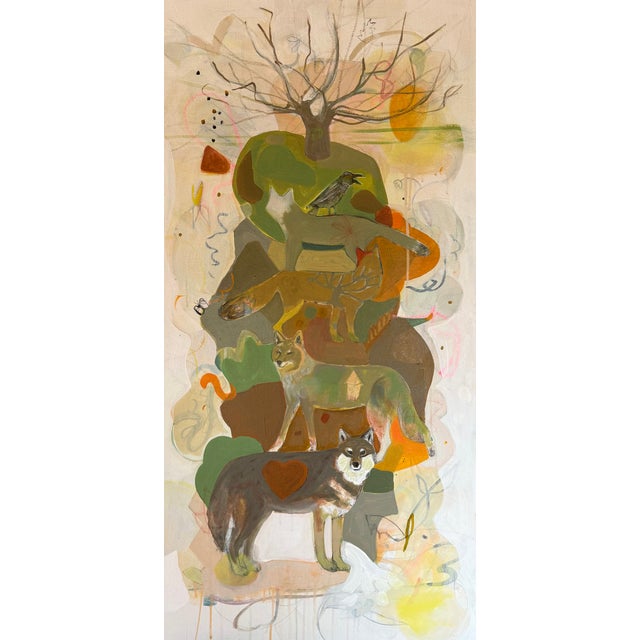 This fun wild canid painting was done on a stretched 20" x 40" at 2" deep. I have left the sides white and it comes ready...