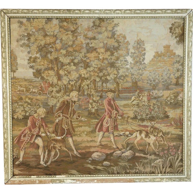 Large Vintage Framed French Hunting Scene Tapestry – Aubusson-Style Verdure Jacquard This large-scale vintage French...