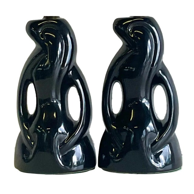 Midcentury Abstract Black Glazed Ceramic Boudoir Lamps - a Pair For Sale - Image 9 of 12
