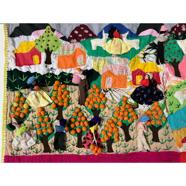 Vintage " Orange Harvest - Landscape " Peruvian Folk Art Hand Embroidery Wall Tapestry For Sale - Image 4 of 12