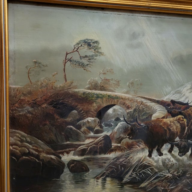 Figurative 19th C Scottish Highland Cattle Oil on Canvas Painting Framed For Sale - Image 3 of 10