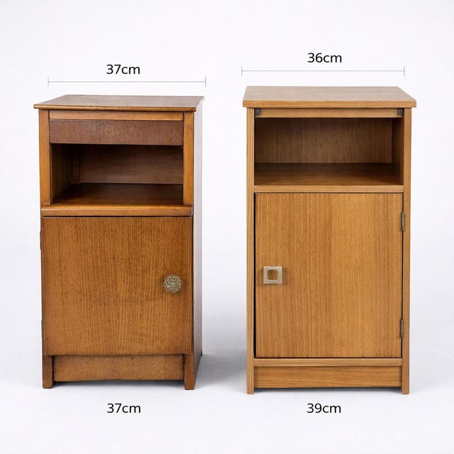 A characterful pair of mid century bedside cabinets in warm-toned wood, offering a subtly mismatched look that adds charm...