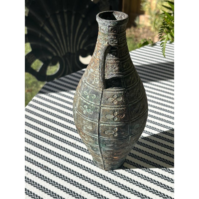 Metal Vintage Heavy Metal Amphora Vase With Verdigris Patina - Mid-Century Italian Classical Revival Piece For Sale - Image 7 of 10