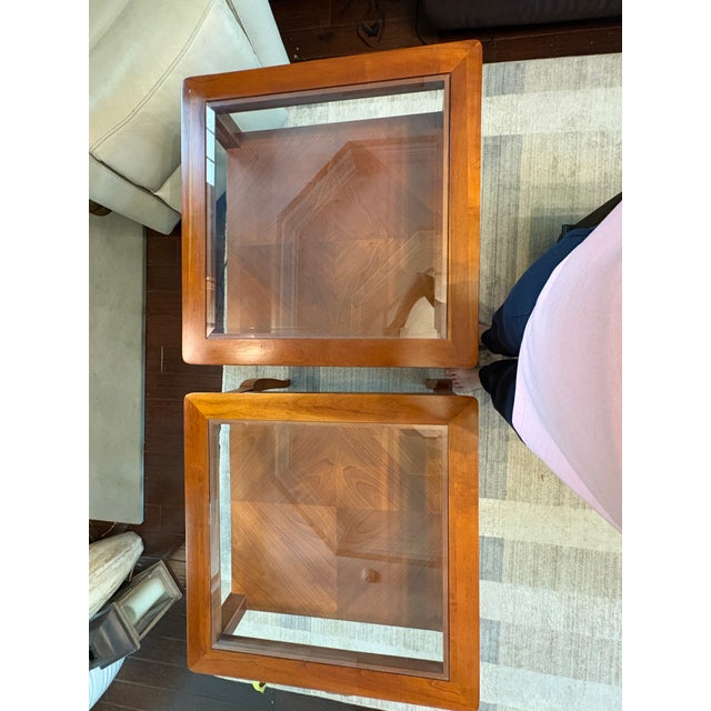 Wood Late 20th Century Hammary Solid Cherry & Beveled Glass End Tables - A Pair For Sale - Image 7 of 9