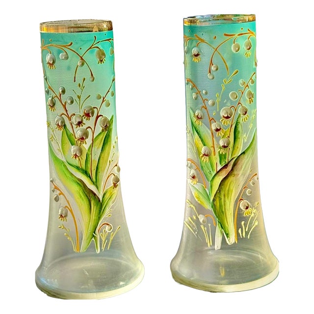 Art Nouveau Satin Glass Lily of the Valley Vases from Legras, 1890s, Set of 2 For Sale