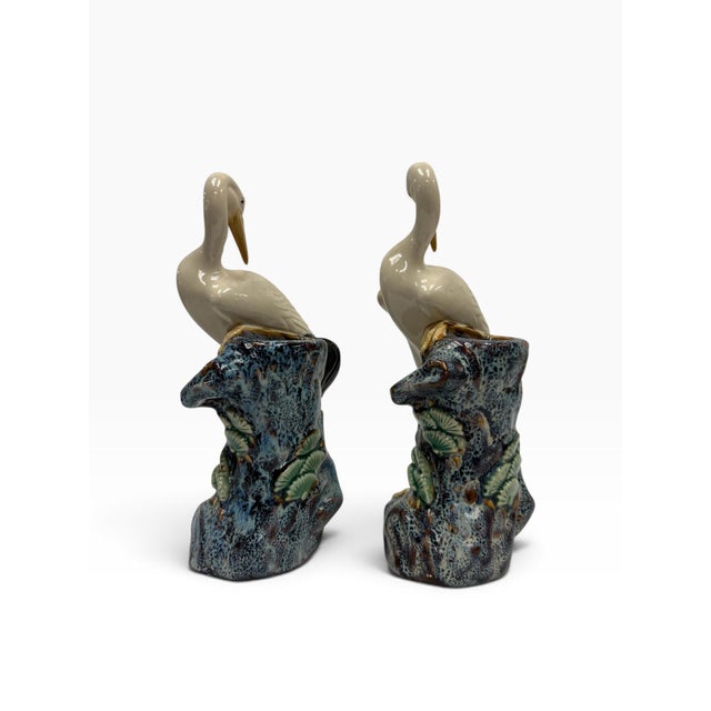 Early 20th Century Chinese Export Majolica Style Crane Spill Vases - A Pair For Sale - Image 4 of 7